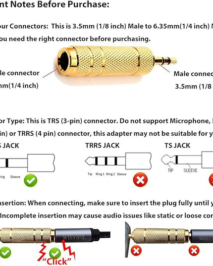 WISYIFIL 1/4 to 3.5mm Auxiliary Audio Adapter, Gold Plated, Resist Corrosion, Good Anti-Interference, Low Signal Attenuation, Durable, Male to Female Connector, 2 Pack
