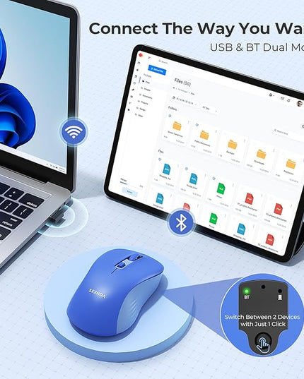 seenda Wireless Mouse, Bluetooth & 2.4G USB Dual Mode for Laptops & Computers - Mac & Windows Compatible - Blue