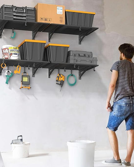 4-Pack 2x3ft Garage Shelving Wall Mounted, 2' x 3' Heavy Duty Garage Storage Shelves with Hooks, 800LB Capacity