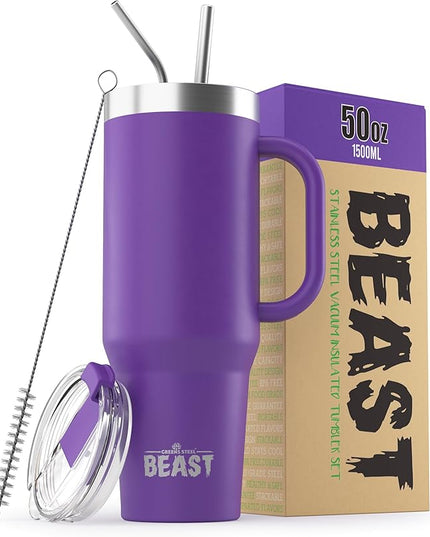Beast 50 oz Tumbler with Handle Stainless Steel Vacuum Insulated Coffee Ice Cup Double Wall Travel Flask (Deep Purple)