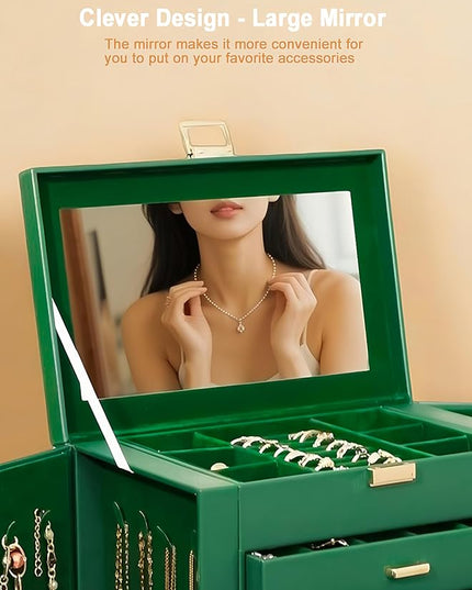 BOOVO Jewelry Box For women, 6 Layer Large Jewelry Organizer With Mirror, Multi-Function Storage Box With Lock, Necklace Holder With 5 Drawers, For Earrings Necklace Bracelet (Green and Gold)