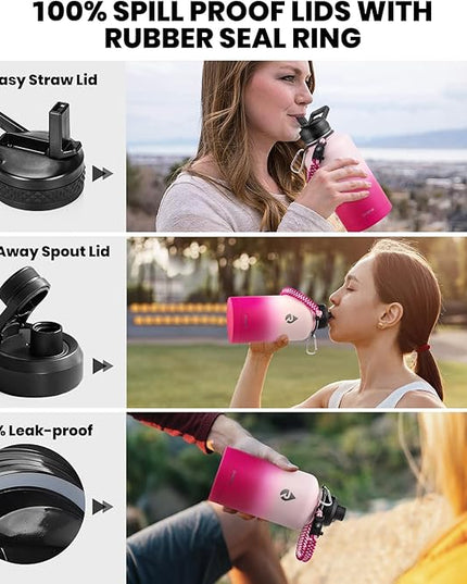 Insulated Water Bottle 64 oz, Triple Wall Vacuum Stainless Steel (Cold for 48 Hrs), Leak Proof & Non-BPA, Half Gallon Water Flask Jug with Paracord Handle & Straw Spout Lids, Ombre Pink