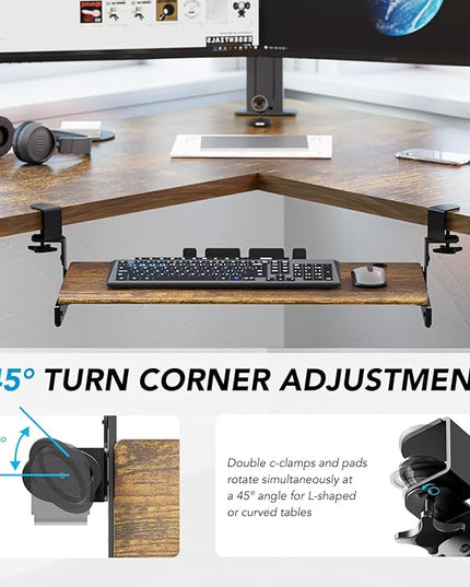 AX WABER Keyboard Tray Under Desk Pull Out with Extra Sturdy C Clamp Mount System, 27.3 (32.5 inch Including Clamps) x 11 Inch Slide-Out Platform Computer Drawer for Typing Vintage AX01WG02