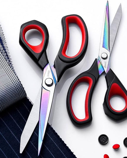 LIVINGO 2 Pack Premium Tailor Scissors Heavy Duty Multi-Purpose Titanium Coating Forged Stainless Steel Sewing Fabric Leather Dressmaking Comfort Grip Shears Professional Crafting (8.5 & 9.5INCH)