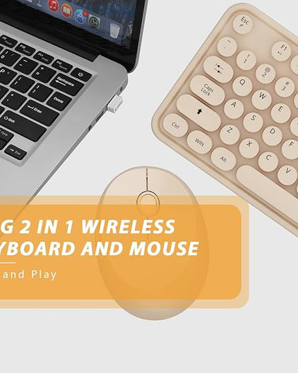 Wireless Keyboard,KOOTOP Cute Colorful 104 Keys Typewriter Retro Round Keycaps Keyboard for PC Laptop,Desktop,Windows, Home and Office Keyboards, s500 coffee