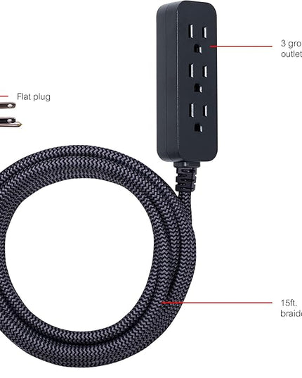 GE 3-Outlet Power Strip Surge Protector 15 Ft Braided Long Cord Extension Cord Surge Protector Power Strip Flat Plug Extension Cord 250 Joules ETL Listed Black 44237