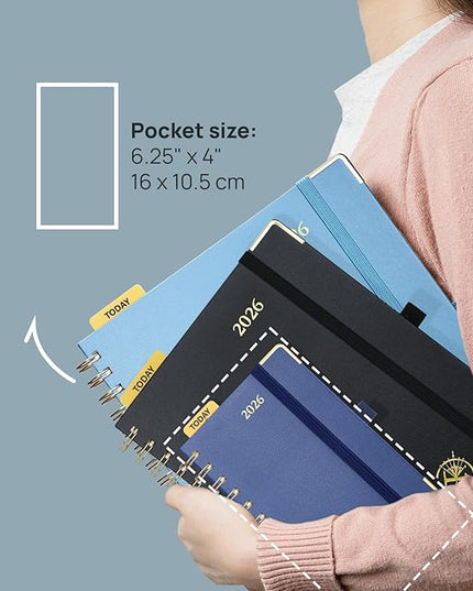 POPRUN 2026 Planner (Pocket Size 4''x 6.25'' Wire-Bond Hard Cover) Calendar Weekly and Monthly (Jan.2026-Dec.2026) Small Planner with Hourly Time Slots, for Purse, 100 GSM - Light Yellow