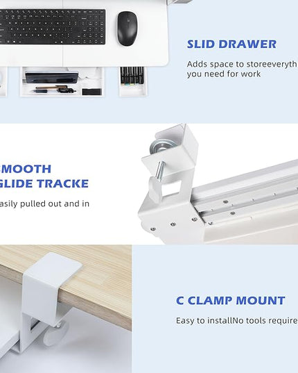 Keyboard Tray Under Desk with Drawer,26.77" X 11.81"Large Size Keyboard Tray with C Clamp-on Mount, Easy to Install, for Home Office (White)