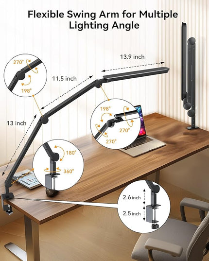 LED Desk Lamp with Clamp, Architect Desk Lamp with Remote, Flexible Swing Arm Desk Light with Dual LED Light, Stepless Dimming, 5 Color Mode & 4 Brightness for Sewing Painting Drafting Crafting