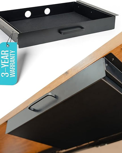 Under Desk Drawer Slide Out Attachment - Carbon Steel Undermount Table Drawer with Cable Management, Pull Out Add-On Storage for Office & Standing Desks (21.5" x 14" x 2.8")