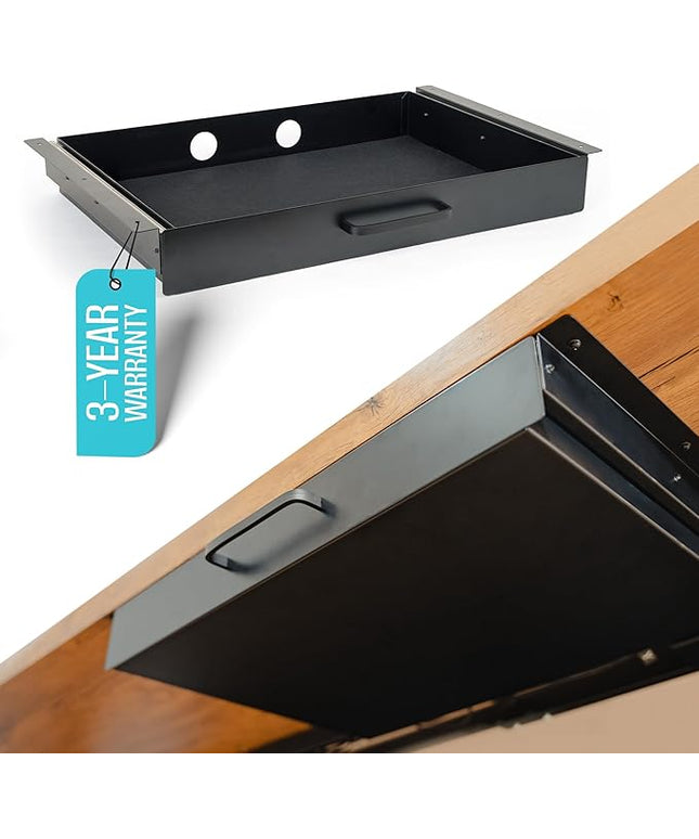 Under Desk Drawer Slide Out Attachment - Carbon Steel Undermount Table Drawer with Cable Management, Pull Out Add-On Storage for Office & Standing Desks (21.5" x 14" x 2.8")