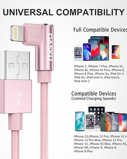 2 Pack 90 Degree iPhone Charger 10Ft Mfi Certified Lightning Cable Right Angle Long Nylon briaded Cord Compatible with Apple iPhone 14 13 12 11 Pro Max XS XR X 8 7 6 5 Plus iPad (Pink)