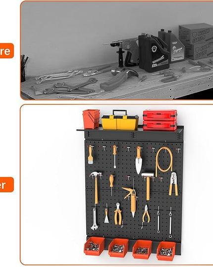 TORACK Garage Metal Pegboard with Accessories, Tools Organizer Peg Board with Pegboard Hooks, Wall Mounted Bins, Tool Storage Pegboards for Wall(Black)