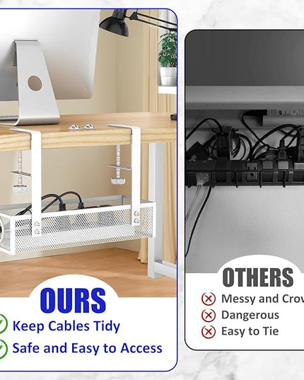 Under Desk Cable Management Tray, Metal Long Arms(3.9in), No Drill Mesh Wire Management Tray Cable Box for Office, Desk Wire Organizer with Clamp Mount, 1 Pack, White
