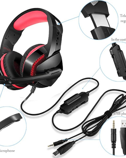 PHOINIKAS PS4 Gaming Headset with 7.1 Surround Sound, PC Headset with Noise Canceling Mic & LED Light, H3 Over Ear Headphones for Nintendo Switch, PS5, Xbox One, Laptop (Red)
