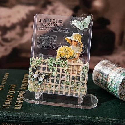 AuriicLeaf Floral Trellis PET Tape Set - 6 Rolls of Seamless Vintage Balcony & Vine Designs with 1 Metal Clip, Self-Adhesive Waterproof Decorative Tapes for Scrapbook Journal and DIY Décor
