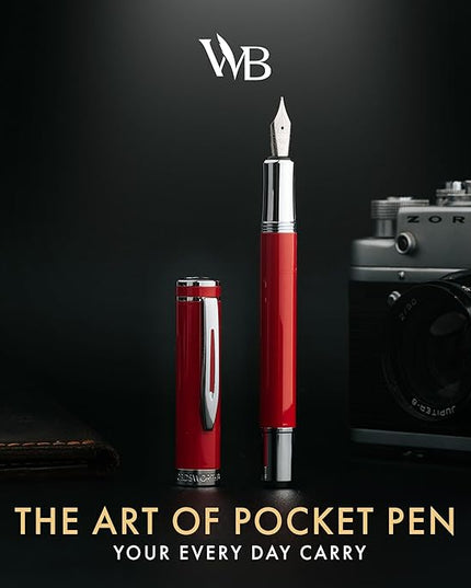 Wordsworth and Black Fountain Pen Mini EDC: Luxury Red Heavy Pocket Pen, Chrome Finish, Medium Nib, 6 Ink Cartridges, Ink Converter, Travel Refillable Writing Pen Gift Set, Men & Women
