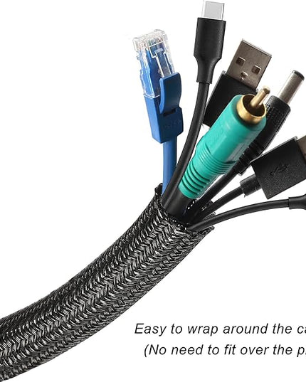 CrocSee 25ft - 1.25 inch Braided Cable Management Sleeve Cord Protector - Self-Wrapping Split Wire Loom for TV/Computer/Home Theater/Engine Bay - Black
