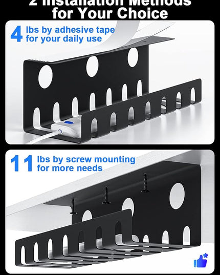 Delamu 2 Pack Metal Under Desk Cable Management Tray, U Channel Cord Organizer Box, Office Under Desk Cord Organizers, Cable Management with Various Accessories, Black, 15.75 Inches