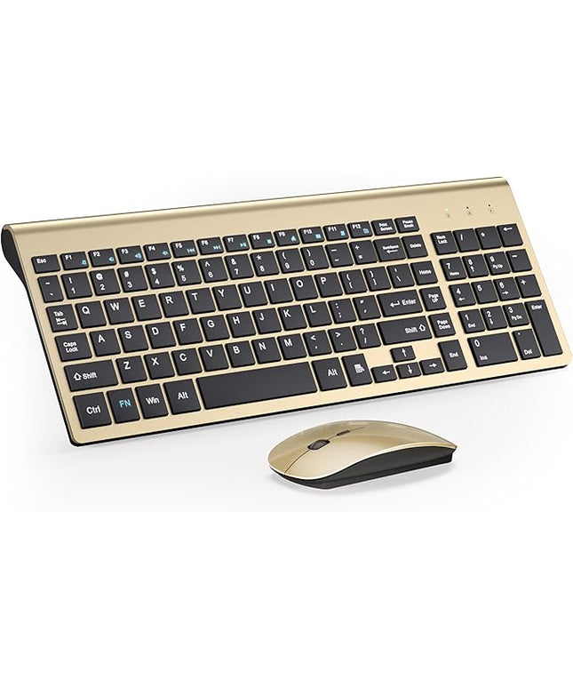 Wireless Keyboard and Mouse Ultra Slim Combo, TopMate 2.4G Silent Compact USB 2400DPI Mouse and Scissor Switch Keyboard Set with Cover, Batteries Included, for PC/Laptop/Windows/Mac - Gold Black