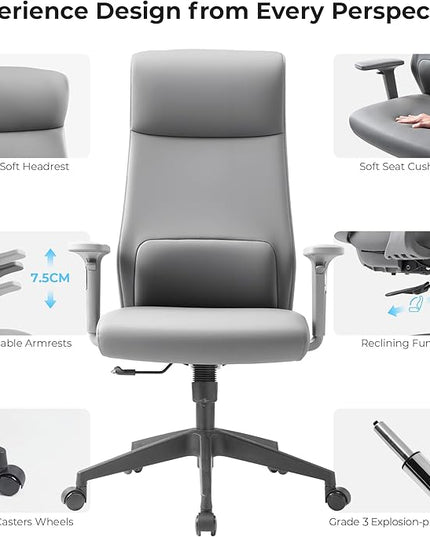 EUREKA ERGONOMIC Valen Leather Desk Chair, High Back Office Chair, Microfiber PU Leather Office Chair with Wheels, Executive Office Chair Comfy for Samll Spaces, Grey