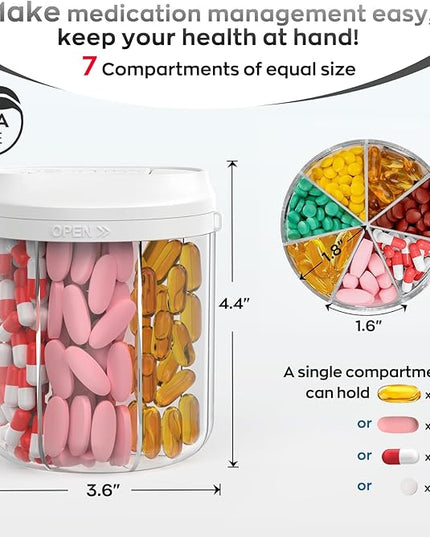 Pill Dispenser with 7 Large Compartments, 4.4" H x 3.6" Dia Pill Bottle Organizer for Travel, Supplement Organizer with Anti-Mixing Design, BPA-Free Pill Container with 20 Pcs Labels, Beige