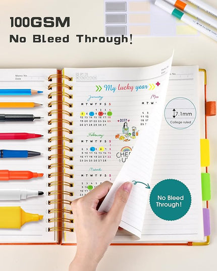 Hardcover Spiral Notebook journal with Removable Dividers Tabs, 300 Pages Leather 5 Subject Notebook College Ruled, 100GMS Notebooks for Work School Note taking,Lined Journal for Women,A5 Orange