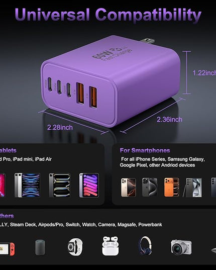 USB C Fast Wall Charger Block, 2Pack 60W USBC Charging Cubes, 5-Port PD+QC Power Adapter Multiport Brick Type C Box Plug for Phone 16/15/14/13/12/11/Pro Max/Plus, Pad Mini/Pro/S25/S24-Purple