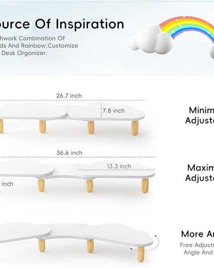 Dual Monitor Stand Riser,Rainbow Cloud Desktop Computer Stand for 2 Monitors,Adjustable Length and Angle Multifunctional Desktop Organizer Stand for Laptop, PC, Computer, Printer,White