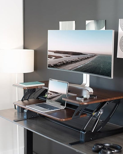 VIVO 42 inch Height Adjustable Stand Up Desk Converter, V Series, Quick Sit to Stand Tabletop Dual Monitor Riser Workstation, Dark Walnut Top, Black Frame, DESK-V000VLD