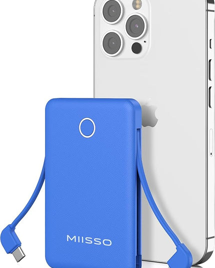 miisso 6000mah Ultra Slim Built in Cables Power Bank, Card Size Built in USB C Cords Battery Pack Portable Charger for Phones, 3 Output External Battery Pack Compatible with iPhone, Deep Blue