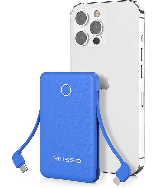 miisso 6000mah Ultra Slim Built in Cables Power Bank, Card Size Built in USB C Cords Battery Pack Portable Charger for Phones, 3 Output External Battery Pack Compatible with iPhone, Deep Blue