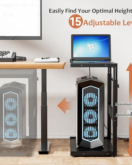JANE EYRE PC Tower Stand - Adjustable Computer Tower Stand with Charging Station CPU Holder with Wheels for Home Office Gaming, Upgraded Larger Size 25.9" to 34.9" Height