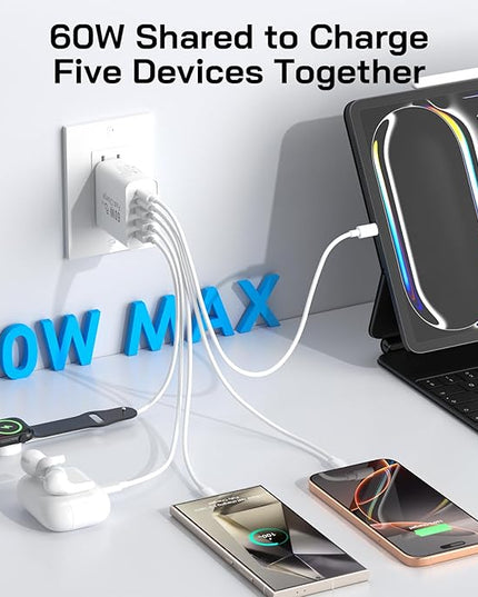3Pack USB C Fast Charger Block, 60W 5-Port USB C Wall Charger 30W Type C Charging Block, 2USB C+3USB A PPS/PD 3.0 Multiport Charging Cube for iPhone 17 16 15 14 Pro Max,for Galaxy S25 S24 Ultra, i Pad