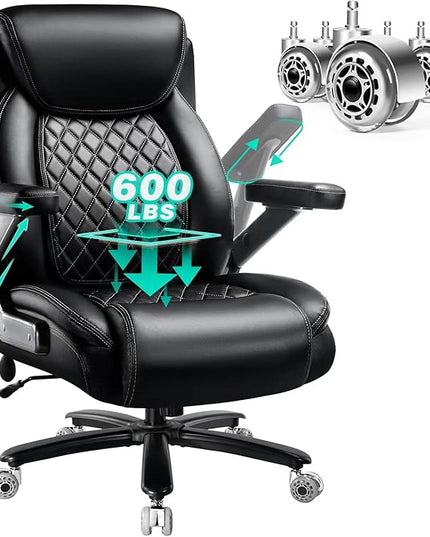 600LBS Large Heavy Duty Office Chair with 5D Flip Arms,Comfy Big and Tall Executive Office Desk Chair with Pocket Spring Cushion,High Back Computer Chair with Lumbar Support,Dual Rubber Wheel