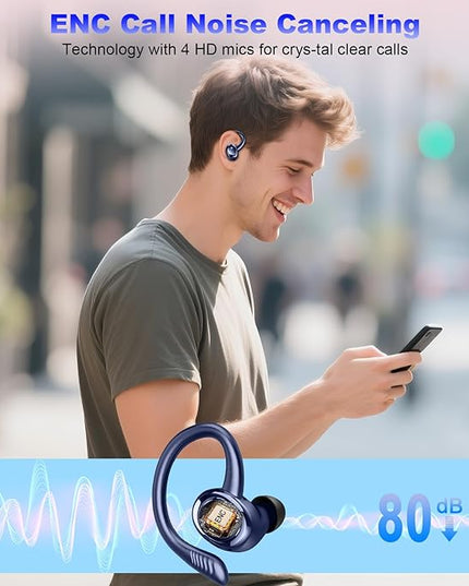 Wireless Earbuds Sport, New Bluetooth 5.4 Headphones with Earhooks, 50H Stereo Deep Bass Over Ear Buds with 4 ENC Noise Canceling Mics, IP7 Waterproof Earphones for Running Workout Gym -Blue