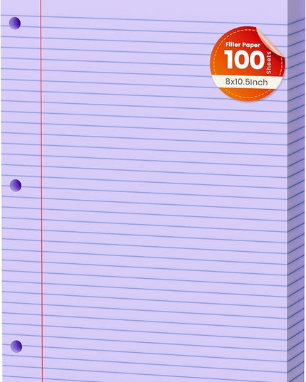 Purple Loose Leaf Paper 100 Sheets Colored Filler Paper 8 * 10.5 College Ruled Paper 3-Hole Punched Paper for 3-Ring Binders Notebook Lined 8" x 10.5"
