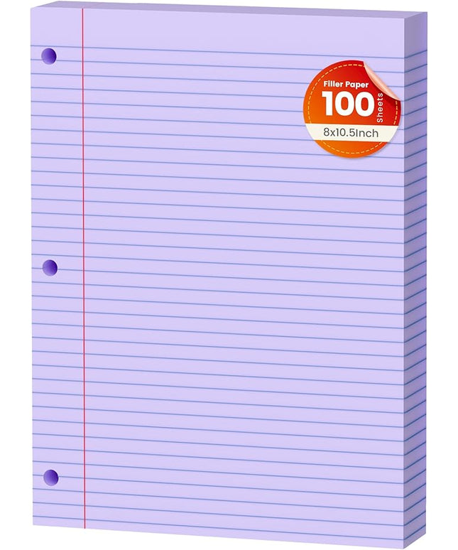 Purple Loose Leaf Paper 100 Sheets Colored Filler Paper 8 * 10.5 College Ruled Paper 3-Hole Punched Paper for 3-Ring Binders Notebook Lined 8" x 10.5"