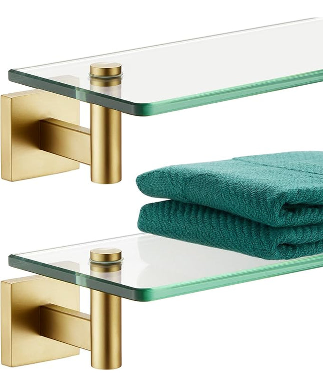 KOKOSIRI Wall Shelves Floating Shelf 16'' Gold Stainless Steel Bathroom Hardware Tempered Glass Hanging Rack Storage/Room Decor 2 Pack B1105BG-L16-P2