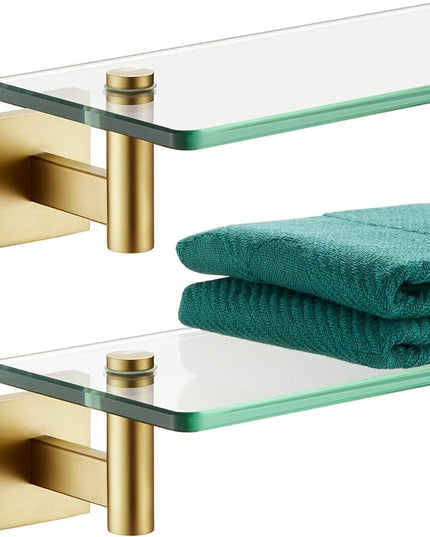 KOKOSIRI Wall Shelves Floating Shelf 12'' Gold Stainless Steel Bathroom Hardware Tempered Glass Hanging Rack Storage/Room Decor 2 Pack B1105BG-L12-P2