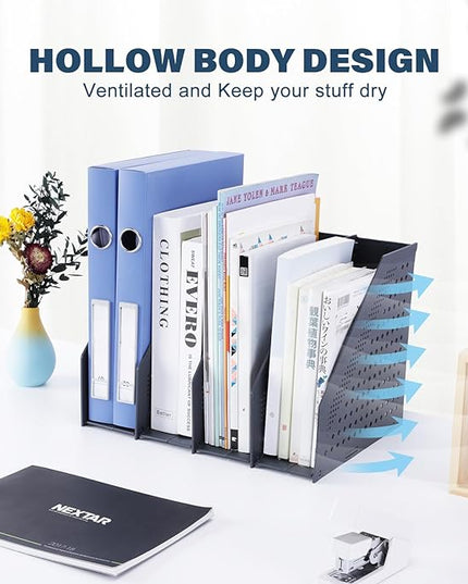 Collapsible Magazine File Holder with 4 Vertical Compartments Foldable Binder Holder for Desk Binder Storage Organizer Plastic Magazine Holders for Shelf, Dark Gray