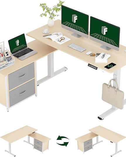 FLEXISPOT 55" L Shaped Standing Desk with Drawers and Shelves, Large Corner Stand Up Desk with Headphone Hooks for Home Office, Light Wood Grain Top+ White Frame