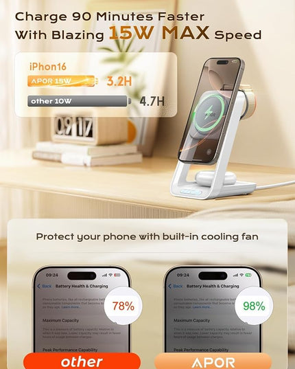 3 in 1 Charging Station for iPhone, Magsafe Wireless Charger with Cooling Fan for iPhone 17 16e 16 15 14 13 12 Series & Apple Watch Charger, Wireless Charging Station for AirPods 4/3/Pro (White)