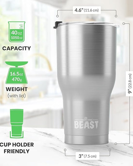 Beast 40 oz Tumbler Stainless Steel Vacuum Insulated Coffee Ice Cup Double Wall Travel Flask (Stainless Steel)