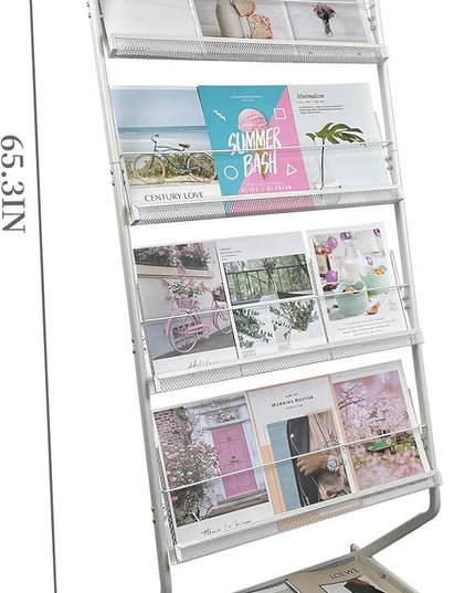 tongmo Floor-Standing Magazine Rack 4-Layer with Wheels, Brochure Display Stand, High-hardness metal for Exhibitions, Office, and Any Organization Requiring Information Display (White)