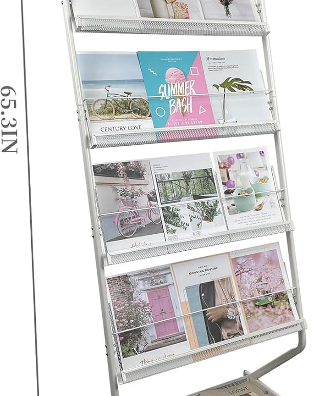 tongmo Floor-Standing Magazine Rack 4-Layer with Wheels, Brochure Display Stand, High-hardness metal for Exhibitions, Office, and Any Organization Requiring Information Display (White)