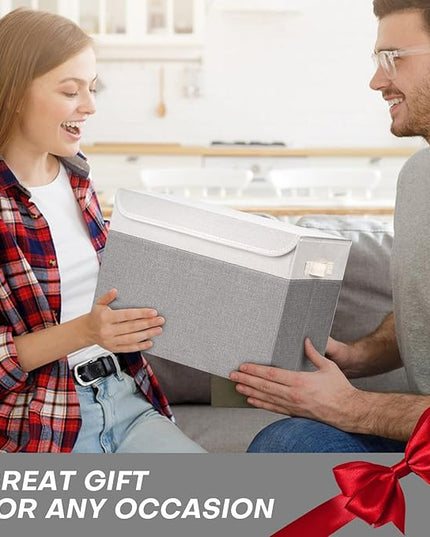 Large 17" 42 Quarts Collapsible Stackable Storage Bins with Lids [3-Pack] Foldable Fabric Linen Storage Boxes Cube, Closet Organizer Baskets with Label (16.7 x 12 x 12, Gray & White)