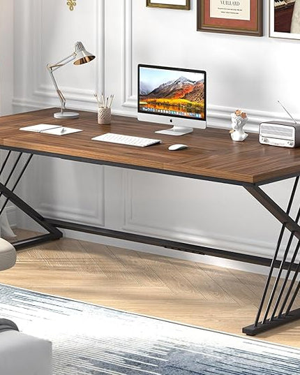 FOLUBAN 70.9" Computer Desk with Z-Shaped Legs, Large PC Desk for Home Office, Industrial Writing Desk, 2 Person Executive Workstation Study Table for Bedroom, Rustic Walnut