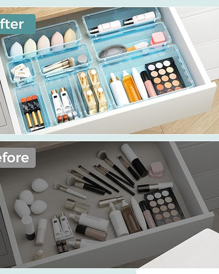 WOWBOX 44 PCS Clear Plastic Drawer Organizer Set, 6 Varied Size storage Bins and Desk Drawer Organizer Trays for Makeup, Gadgets, Jewelry and Utensils in Bathroom, Bedroom and Office, Clear Sea Blue
