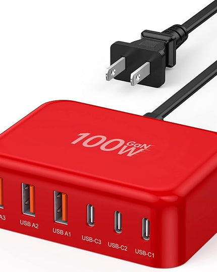 USB C Fast Charger 100W GaN 6 Port Type USB C Charging Station Hub Block Wall Charger Power Strip Adapter Plug Cube Brick 3 USB A for iPad iPhone 17 16 15 14 13 12 11 Pro Max